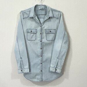 BP Women’s Size M Long Sleeve Denim Style Button Down Shirt Tunic Length Blue